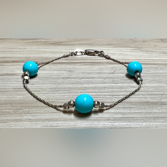 Vintage Sterling Silver ITALY Turquoise Boston Link Chain Bracelet, 7", 2.5g - Picture 2 of 5